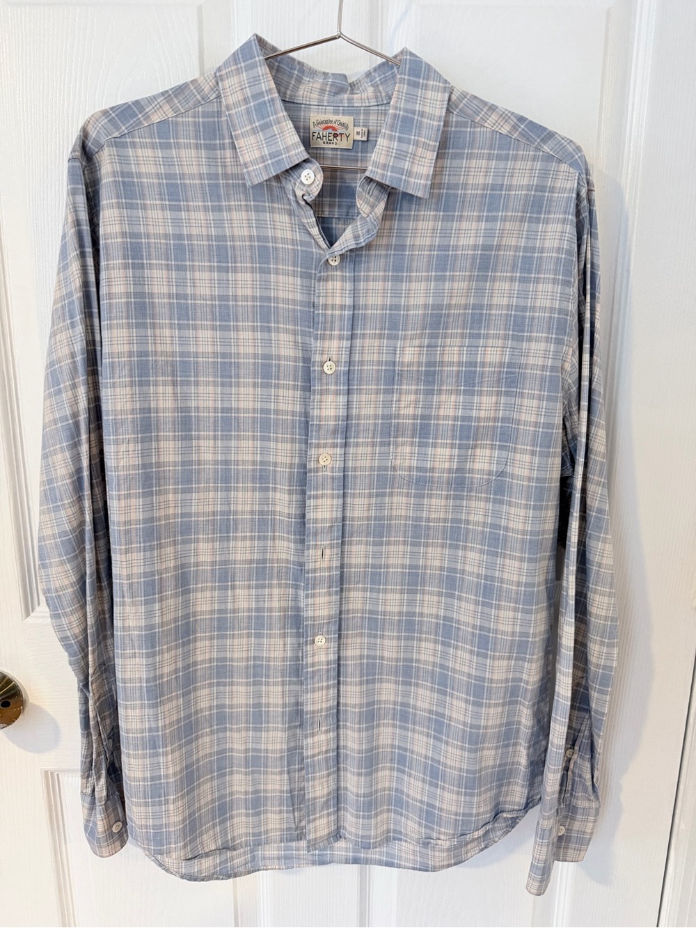 Faherty Light Blue and White Plaid Button-Down Shirt